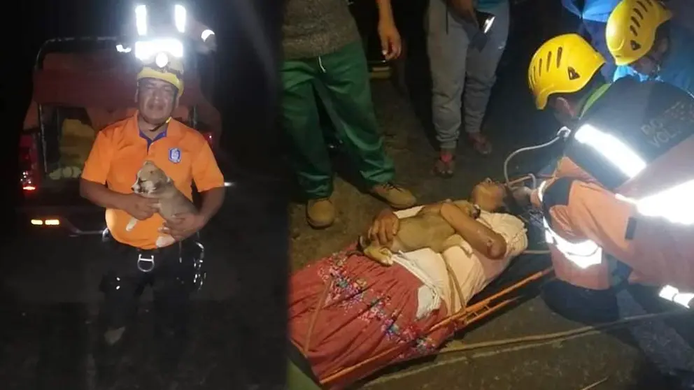 El perrito tras ser rescatado (i) la mujer al momento de ser rescatada abrazando a su mascota. Gentileza Siete Voces Caranavi