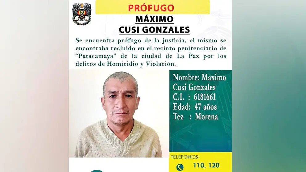 Policía socializa fotografía del reo que fugó del penal de Patacamaya. POLICÍA BOLIVIANA