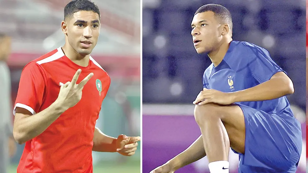 Achraf Hakimi (i) y Kylian Mbapp&eacute; (d) pugnar&aacute;n un lugar en la definici&oacute;n de Catar 2022. EFE