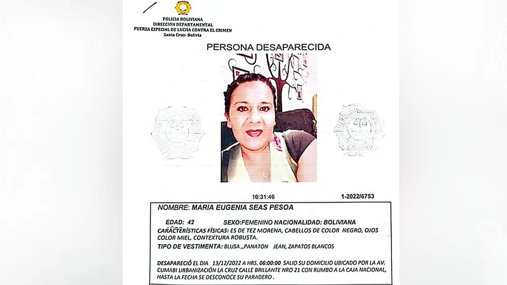 Afiche que reporta la desaparici&oacute;n de Mar&iacute;a Eugenia. POLIC&Iacute;A