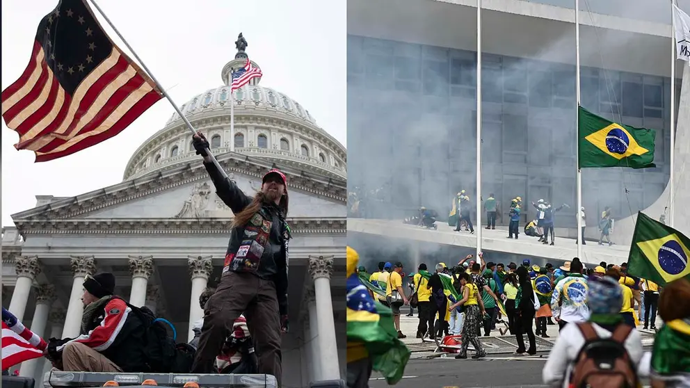 Combo de fotograf&iacute;as que muestra, a la izquierda, a dos manifestantes pro Trump durante la toma del Capitolio el 6 de enero de 2021, en Washington (EE.UU.) y a la derecha, la toma de hoy por parte de manifestantes Bolsonaristas en la sede del poder de la rep&uacute;blica de Brasil. EFE