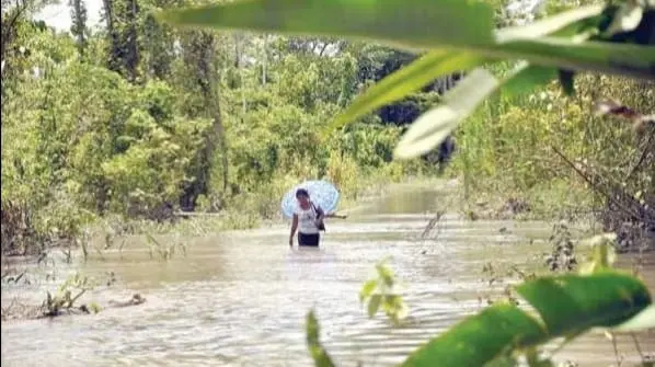 Una mujer camina por un sendero inundado en el Tr&oacute;pico de Cochabamba. ARCHIVO