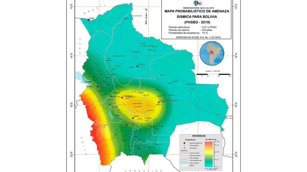 El Mapa Probabil&iacute;stico de Amenaza S&iacute;smica para Bolivia, un documento publicado en 2019 por la Fundaci&oacute;n Privada de Fieles Observatorio San Calixto. OBSERVATORIO SAN CALIXTO