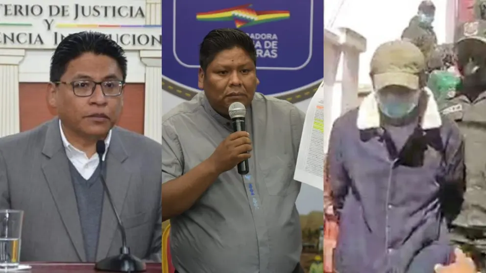 El ministro de Justicia, Iv&aacute;n Lima; el director de la ABC, Henry Nina; y el empresario chino Jim Zhengyuan cuando era trasladado de Sucre a La Paz. COMPOSICI&Oacute;N OPINI&Oacute;N