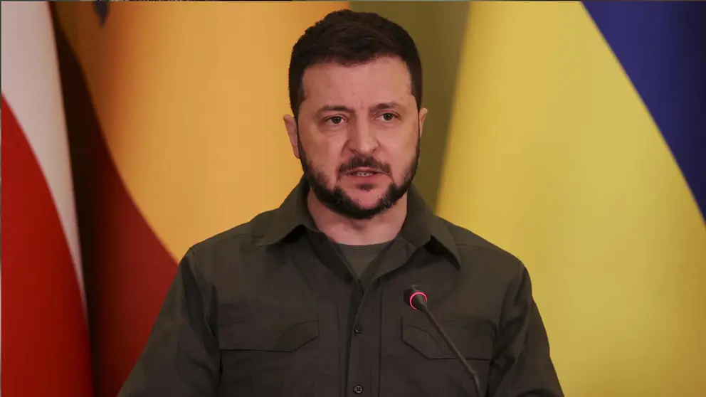 El presidente de Ucrania, Volod&iacute;mir Zelenski, durante la rueda de prensa en Kiev (Ucrania)./ EFE