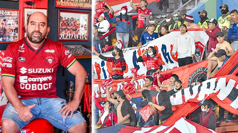El presidente de Wilstermann, Omar Mustafá (i). Los Gurkas alientan al Rojo, durante un compromiso (d).