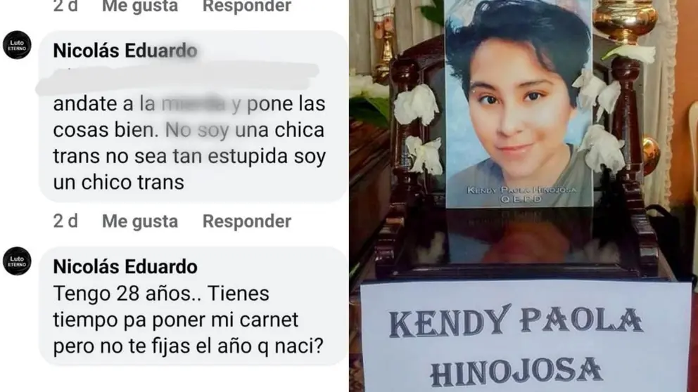 Del lado izquierdo, comentarios desde una cuenta bajo el nombre de Nicol&aacute;s Eduardo, persona que dice ser pareja de Kendy Paola. Del lado derecho, la joven asesinada Kendy.