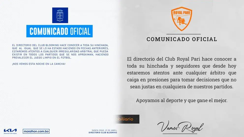 Comunicados de los clubes. FACEBOOK