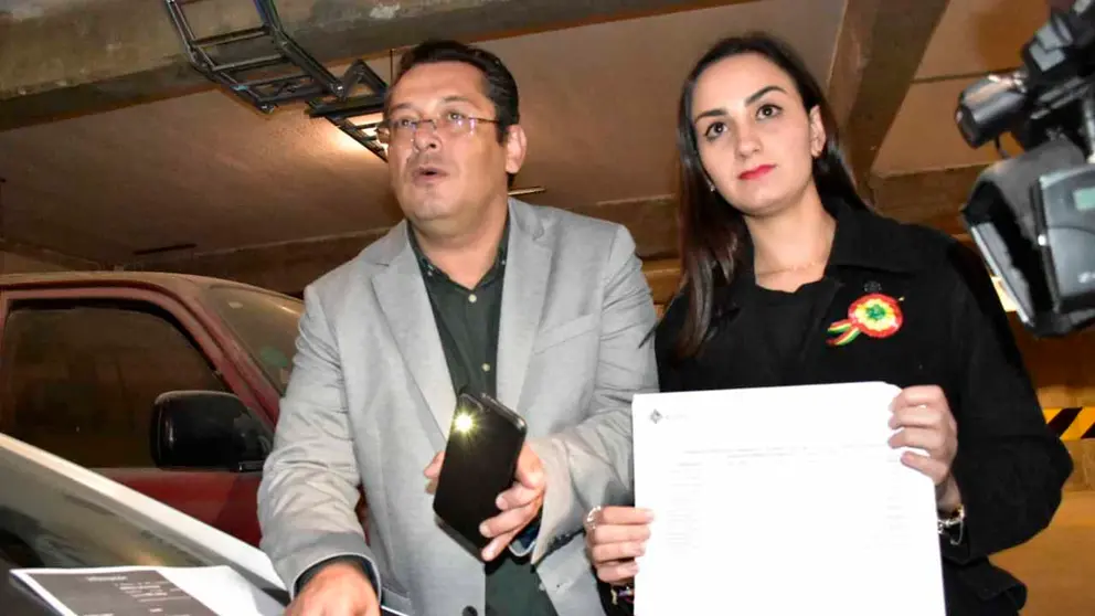 La diputada al momento de realizar la denuncia junto al veh&iacute;culo. APG