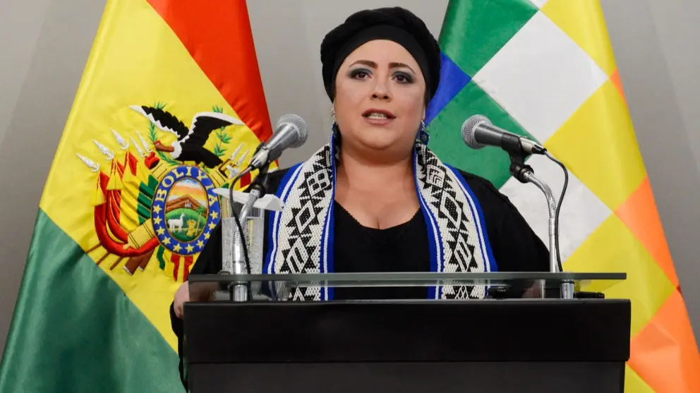 La ministra de la Presidencia, Mar&iacute;a Nela Prada, en conferencia de prensa. ABI