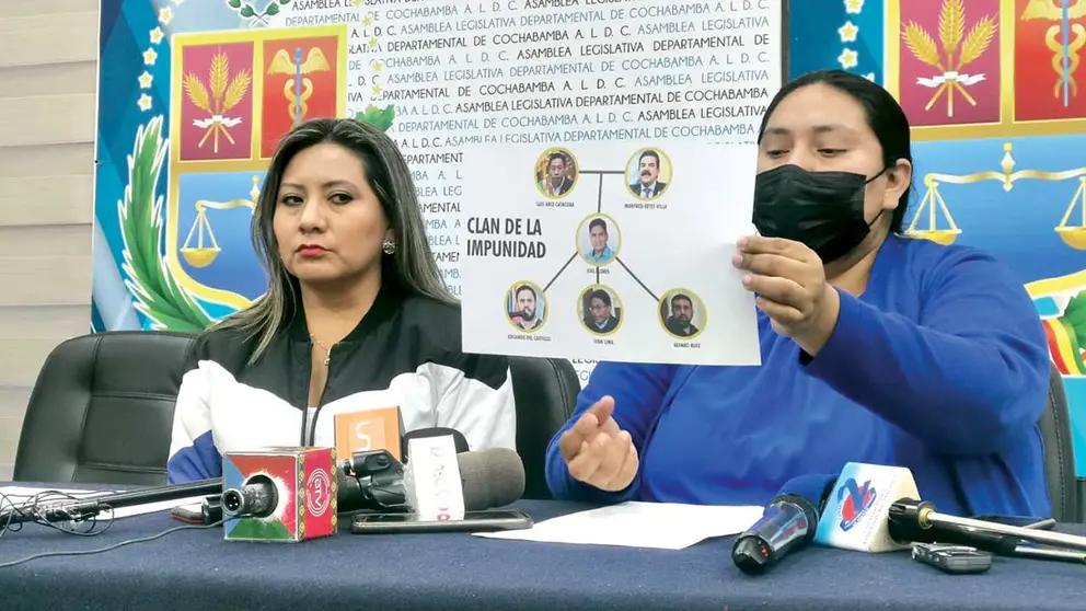 Soliz y Terrazas muestran un organigrama del que denominan &ldquo;clan de la impunidad&rdquo;, este 22 de junio./ MELISSA REVOLLO