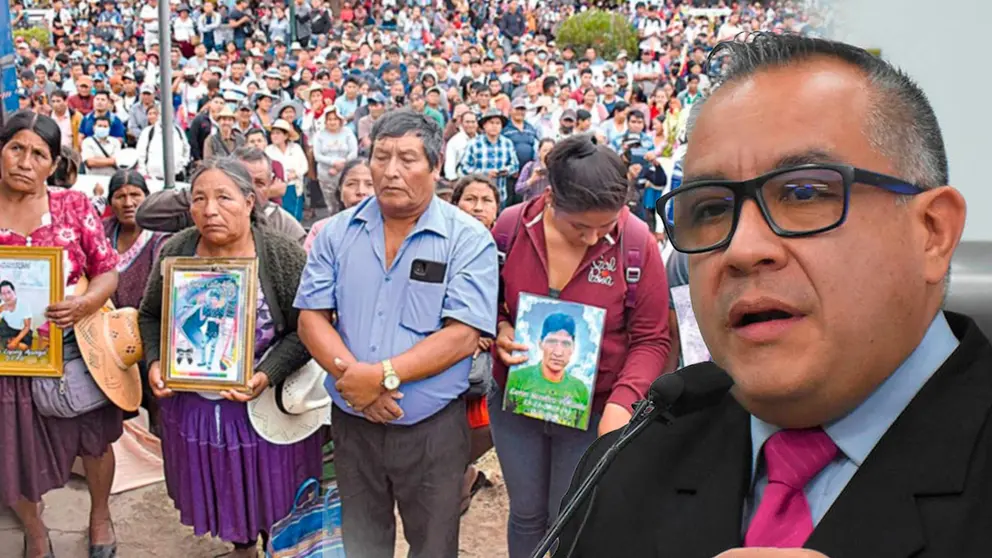 Nelson Cox, exdefensor del Pueblo. De fondo, las v&iacute;ctimas de los hechos luctuosos de Huayllani. Composici&oacute;n OPINI&Oacute;N