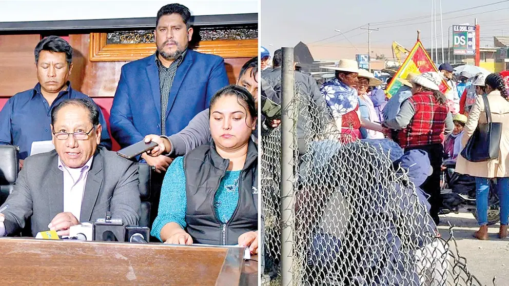 El Alcalde junto a otras autoridades municipales (i) y bloqueadores y afectados en el sector de Huayculi, este 5 de julio (d)./ ALCALD&Iacute;A / VARGAS