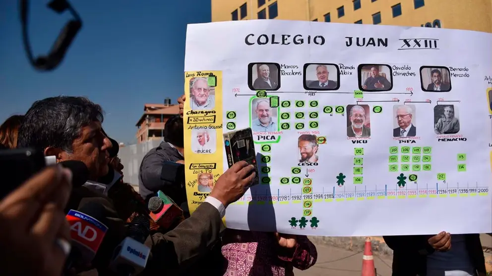 El abogado Jos&eacute; Luis Gareca sosteniendo el VHS donde se encuentran nuevas pruebas y testimonios. Tambi&eacute;n explic&oacute; como estar&iacute;a conformado el esquema de los curas implicados en hechos de violaci&oacute;n en el colegio Juan XXIII. No&eacute; Portugal