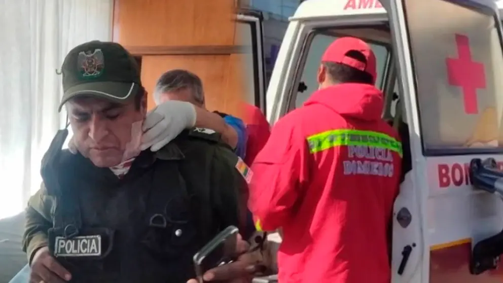 El guardia siendo atendido luego del accidente (i) una imagen mientras lo trasladaban a la Caja Nacional. CAPTURA UNITEL