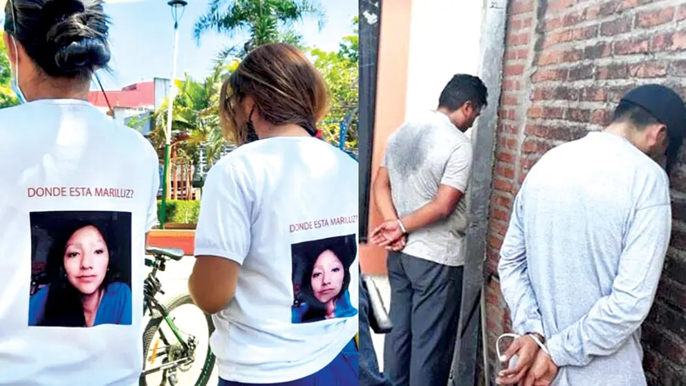 Del lado izquierdo, familiares de Mariluz pidiendo justicia. Del otro, los policías implicados en el crimen de una mujer./ FIDES TARIJA-EL DEBER