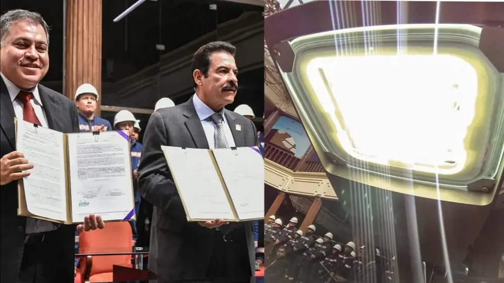 Firma de convenio entre el alcalde Manfred Reyes Villa y la Asociaci&oacute;n Accidental Cochabamba Segura (izq) para la renovaci&oacute;n de la red de alumbrado a luces led (der). DICO SOL&Iacute;S