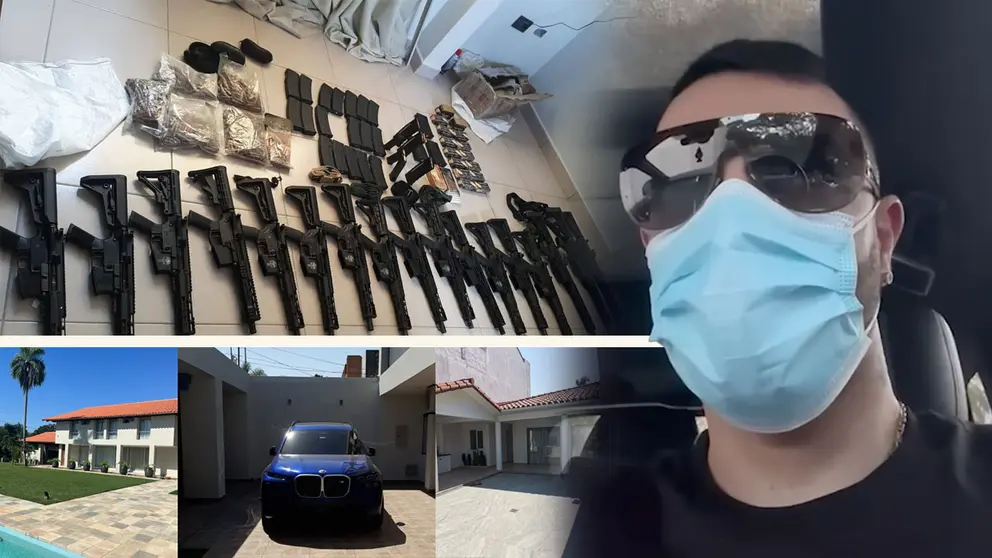 El narco uruguayo Sebasti&aacute;n Enrique Marset Cabrera (der) y las armas y autos que fueron secuestrados en su mansi&oacute;n (izq). COMPOSICI&Oacute;N OPINI&Oacute;N