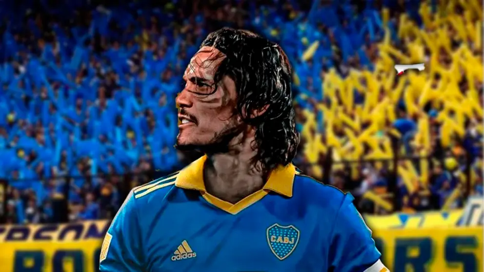Edinson Cavani con una camiseta de Boca Juniors, de fondo una de las plateas de la bombonera. COMPOSICI&Oacute;N OPINI&Oacute;N