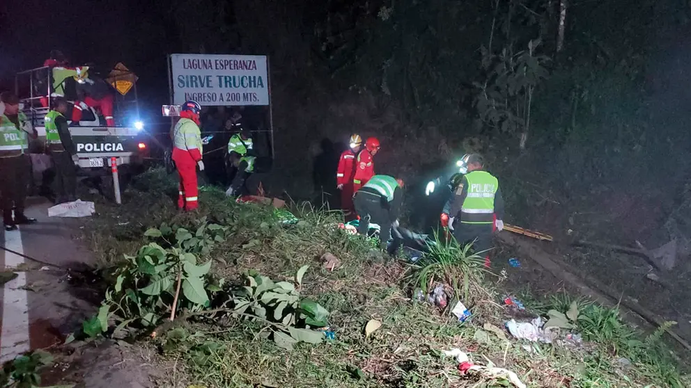 Efectivos policiales realizan el levantamiento de cuerpos en el sector del accidente./ APG