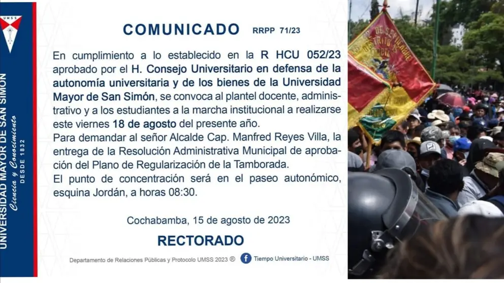 Comunicado de marcha institucional de la UMSS (izq) y sectores movilizados de La Tamborada. COMPOSICI&Oacute;N OPINI&Oacute;N