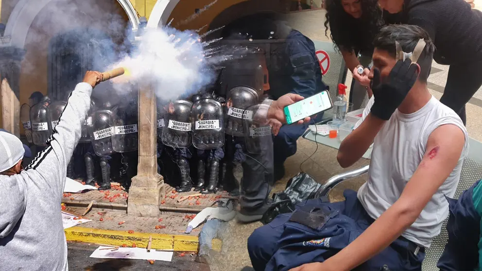 Un guardia de la Alcald&iacute;a herido (der), producto de los enfrentamientos protagonizados tras una marcha de la UMSS (izq). COMPOSICI&Oacute;N DIGITAL