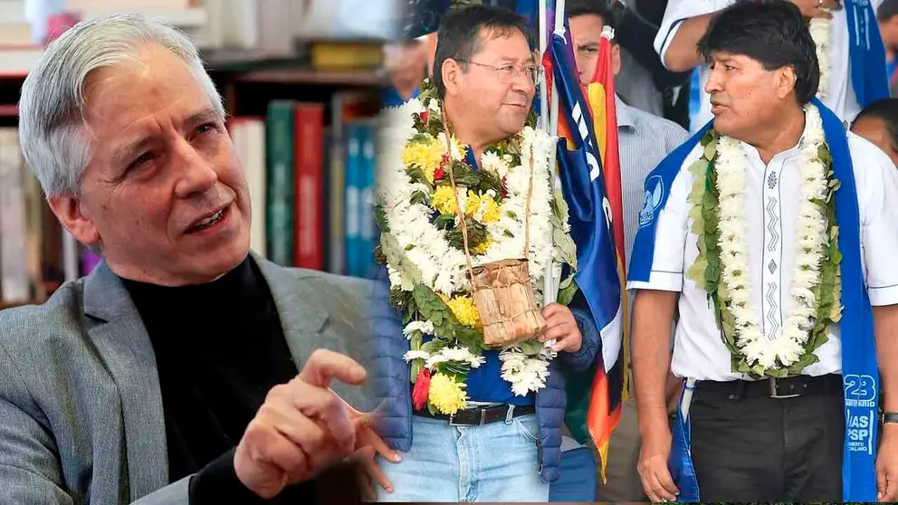 El exvicepresidente &Aacute;lvaro Garc&iacute;a Linera junto a una fotograf&iacute;a de Luis Arce y Evo Morales en un acto de Gobierno. COMPOSICI&Oacute;N OPINI&Oacute;N