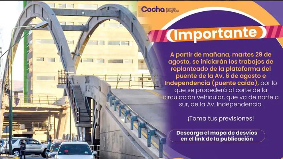 Foto del puente ca&iacute;do en la 6 de Agosto y el comunicado de la Alcald&iacute;a. 