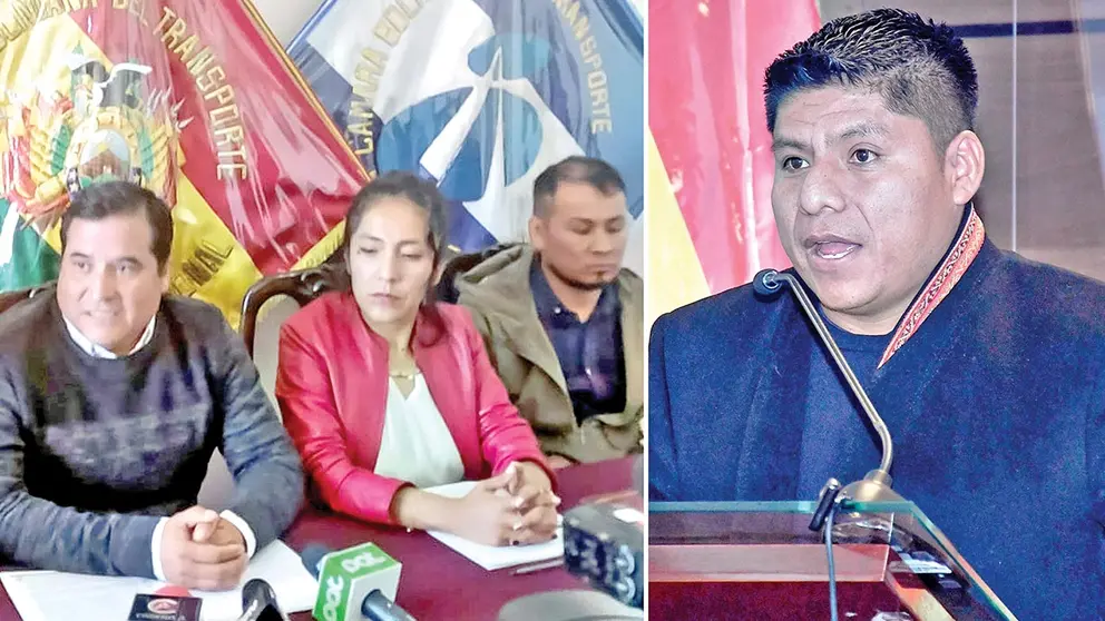 Dirigentes transportistas (izquierda) y el senador oficialista Leonardo Loza se manifiestan sobre el paro anunciado por afines a Evo./ ERBOL/APG
