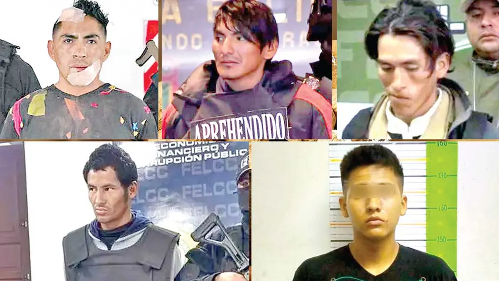 Juan Pablo Escudero, Dennis Plata, Javier Huacatiti, Luis D.A.M. y Benito Pinto, sentenciados por parricidio este 2023. / MINISTERIO DE GOBIERNO-APG-POLICÍA