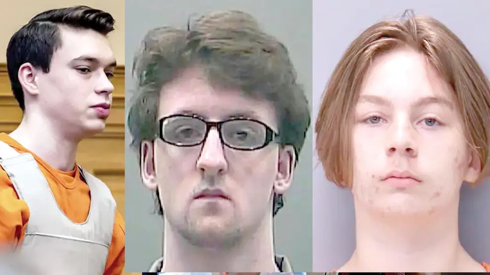 Willard Miller escoltado en un tribunal donde le dieron cadena perpetua (i). Mason Sisk tenía 14 años cuando asesinó a su familia en Alabama (c) y Aiden Fucci, el adolescente que apuñaló a su compañera. AGENCIAS