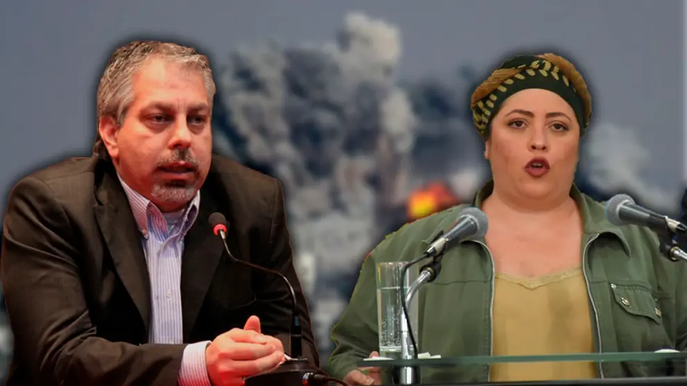 El portavoz del Ministerio de Relaciones Exteriores de Israel, Lior Haiat, junto a una imagen de la ministra de la Presidencia, Mar&iacute;a Nela Prada. COMPOSICI&Oacute;N OPINI&Oacute;N