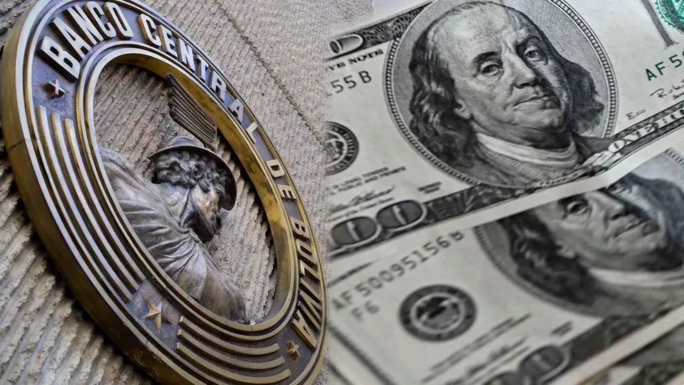 Fachada del Banco Central de Bolivia junto a una imagen referencial de billetes en d&oacute;lares./ COMPOSICI&Oacute;N OPINI&Oacute;N