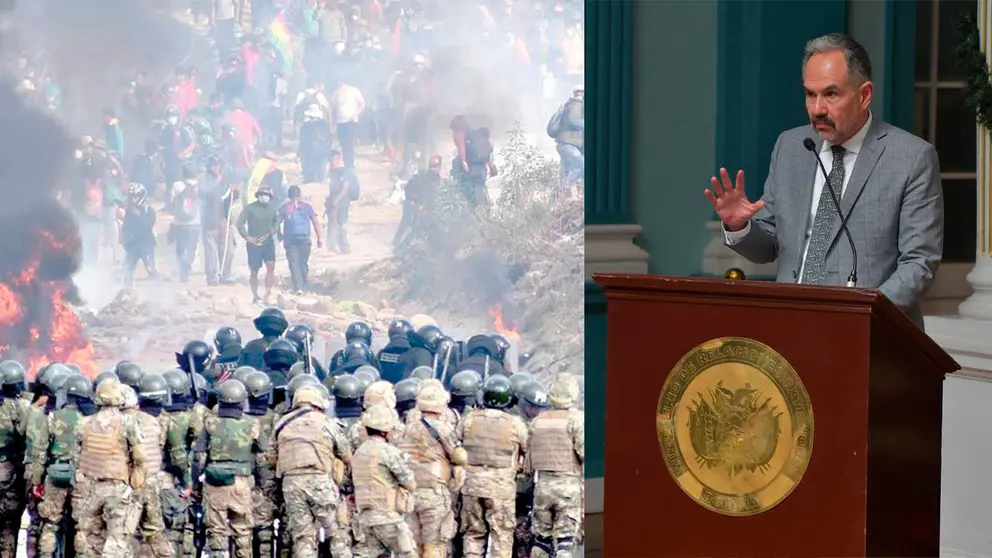 El relator de Bolivia de la CIDH Jos&eacute; Luis Caballero junto a una imagen de los conflictos de 2019 en Sacaba. COMPOSICI&Oacute;N OPINI&Oacute;N