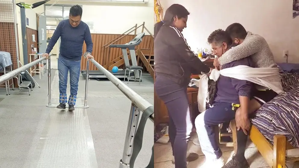 El suboficial Andrés Canaza en una sesión de fisioterapia (i). Germán Medrano carga con ayuda de una sábana a su hijo Herlan, un militar que quedó parapléjico (d)./ HENRY ARANCIBIA-CORTESÍA FAMILIA MEDRANO
