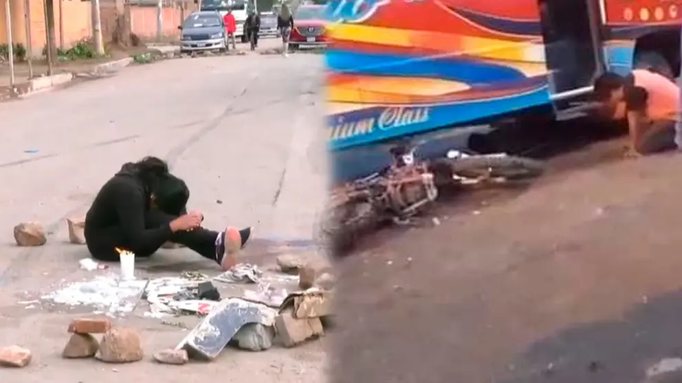 La escena de la tragedia. A la izquierda la hermana del fallecido coloca velas y llora por la muerte de su hermana, a la derecha una imagen del accidente. COMPOSICI&Oacute;N OPINI&Oacute;N/Capturas