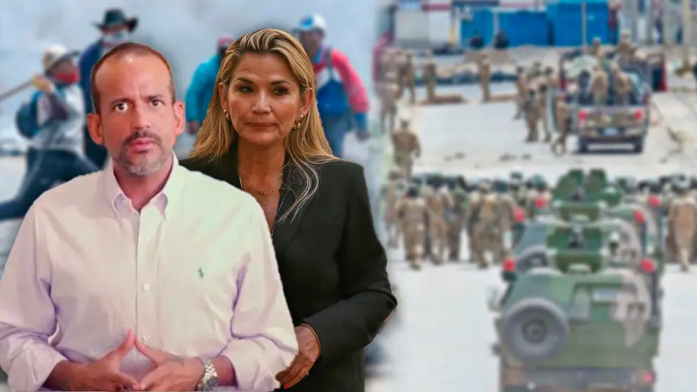 Luis Fernando Camacho, gobernador de Santa Cruz y Jeanine &Aacute;&ntilde;ez, expresidenta del pa&iacute;s junto a una imagen de los conflictos en Senkata de 2019. Ambos son los principales acusados de los hechos luctuosos de aquel a&ntilde;o. COMPOSICI&Oacute;N OPINI&Oacute;N