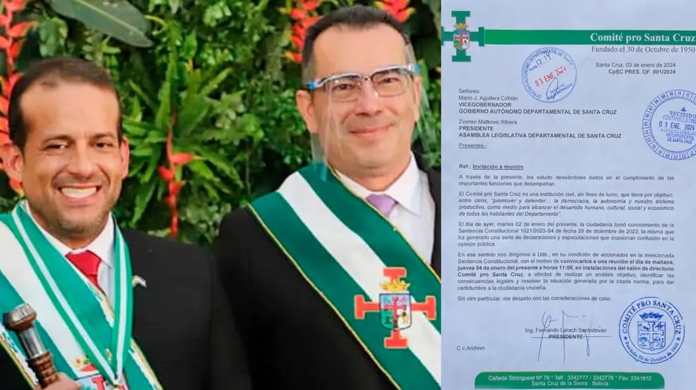 El gobernador de Santa Cruz, Luis Fernando Camacho (i); el vicegobernador, Mario Aguilera (c); y a carta de enviada por el Comit&eacute; C&iacute;vico Pro Santa Cruz (i). COMPOSICI&Oacute;N OPINI&Oacute;N