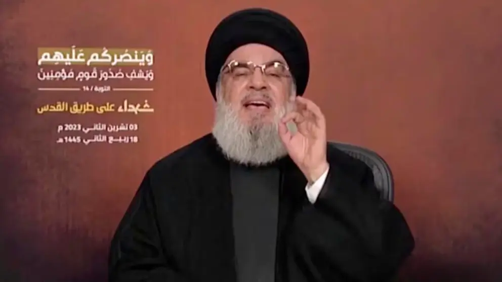 El l&iacute;der de Hezbollah, Hassan Nasrallah, en un video obtenido el 3 de noviembre de 2023./ AL-MANAR
