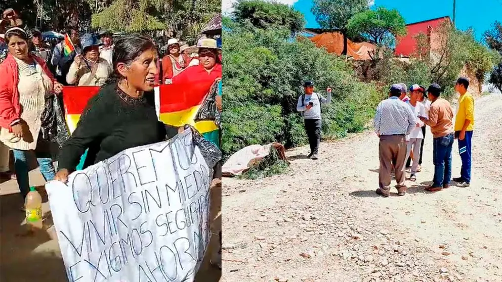 Familiares y vecinos de Alejandrina protestan en puertas del Comando Policial de Sacaba, al lado, una foto del lugar donde fue encontrado el cuerpo de la mujer de 86 a&ntilde;os. COMPOSICI&Oacute;N OPINI&Oacute;N
