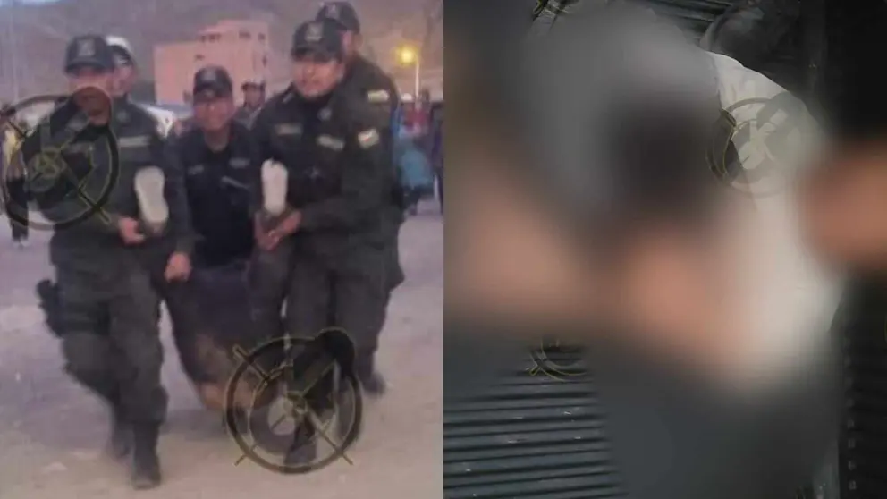 Los polic&iacute;as, en el momento del rescate del cuerpo de &Aacute;lvaro, linchado en Challapata. Del otro lado, los restos del hombre violentado. RRSS