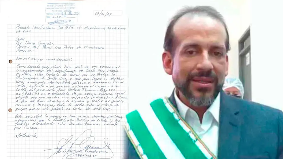 Carta publicada en las redes sociales y el gobernador Luis Fernando Camacho. 