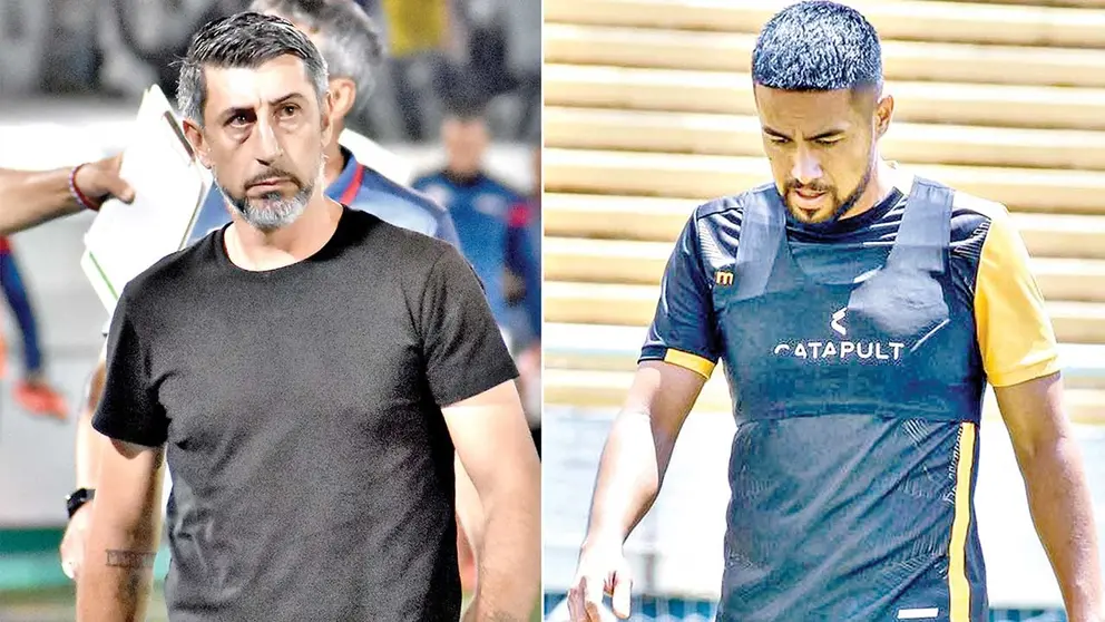 Cristian Díaz (i) y Rodrigo Ramallo (d), durante un partido y un entrenamiento respectivamente./ DICO SOLÍS Y CLUB THE STRONGEST