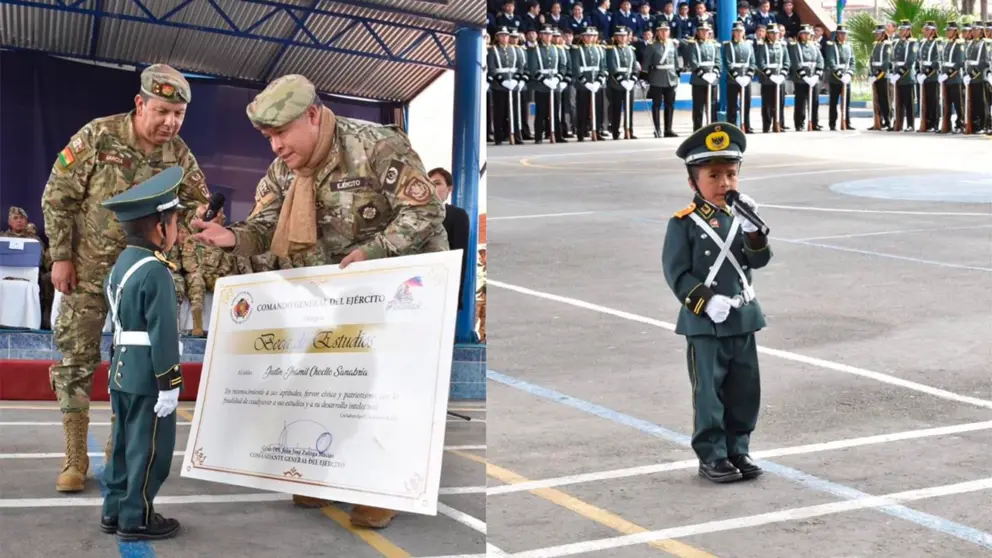 El ni&ntilde;o Jhustin durante el acto de entrega de su beca de estudios otorgada por el Ej&eacute;rcito Nacional en Cochabamba. Foto: Ej&eacute;rcito de Bolivia Facebook.