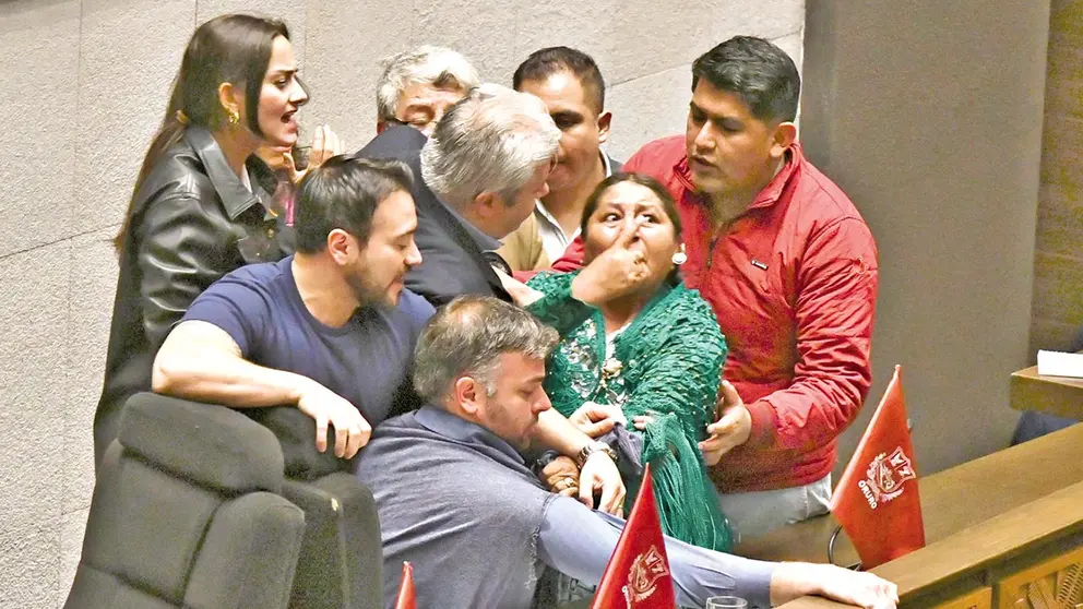 Asambleístas oficialistas y opositores durante un altercado en la sesión de este jueves./ APG