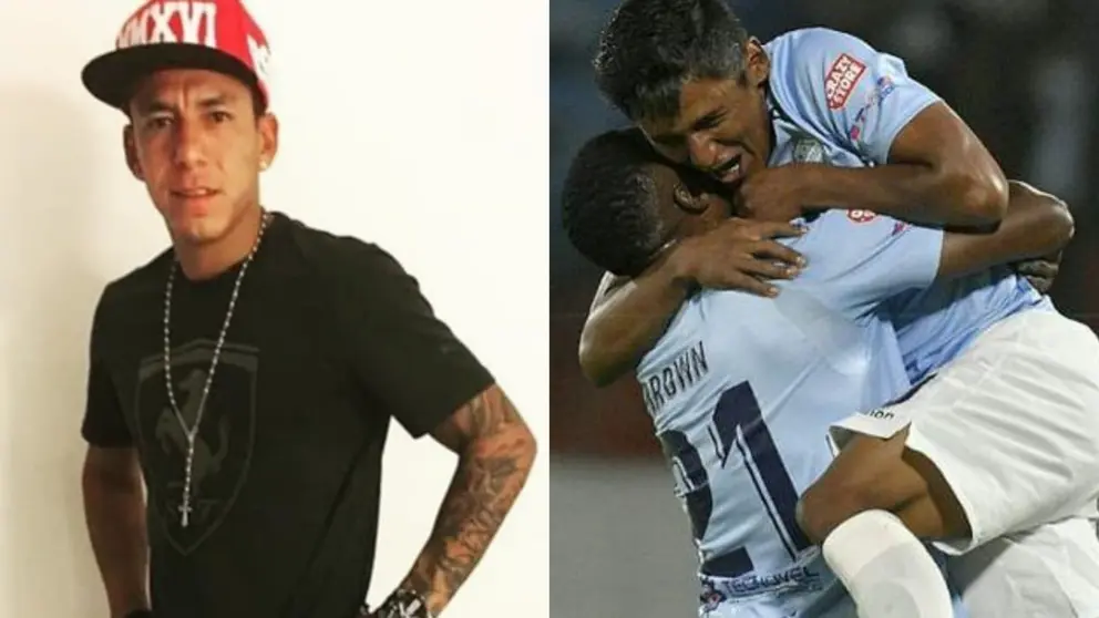 El argentino Brian Sarmiento (i), con corto paso por Aurora. Del otro lado, el cochabambino Dar&iacute;o Torrico, tras convertir ante el "Tigre". ARCHIVO/MARKA REGISTRADA