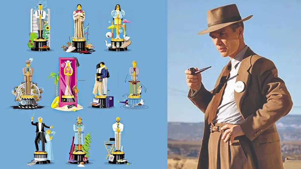 Ilustración de las 10 nominadas al Oscar 2024 a mejor película (i). En la película, Cillian Murphy interpreta a Robert Oppenheimer, quien era un fumador empedernido (d)./ OLLY GIBBS-GETTYIMAGES