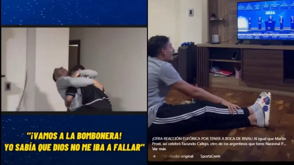 Mart&iacute;n Prost (i) y Facundo Callejo, de Nacional Potos&iacute;, festejan con todo tras conocer que jugar&aacute;n contra Boca en la Sudamericana. CAPTURAS DE VIDEOS