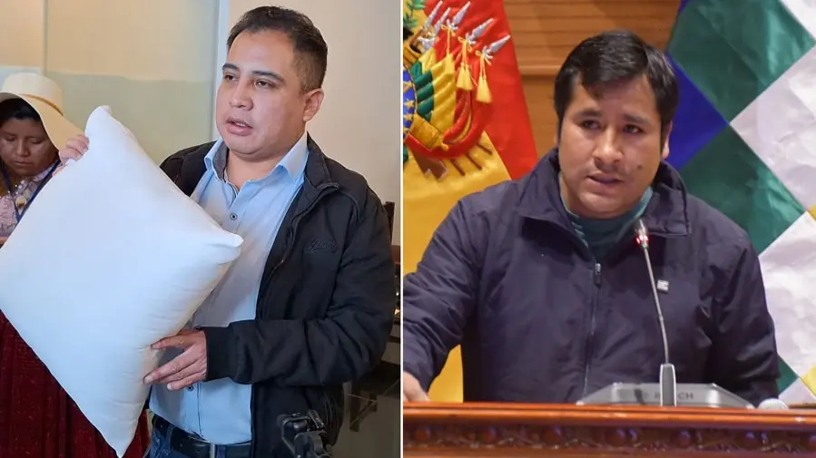 El diputado 'Beto' Astorga, con la almohada de regalo para el presidente de Diputados, Israel Huaytari. ERBOL