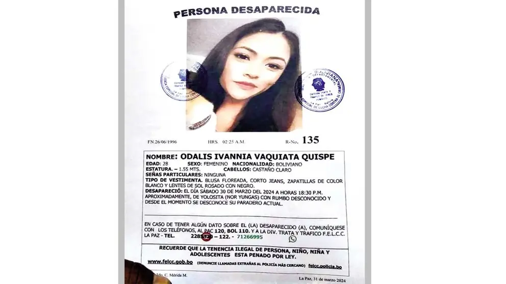 Afiche que reporta la desaparición de Odalys./ POLICÍA
